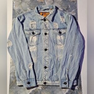 Rolling Paper men's distressed denim jean jacket light wash Piant Splat Size L